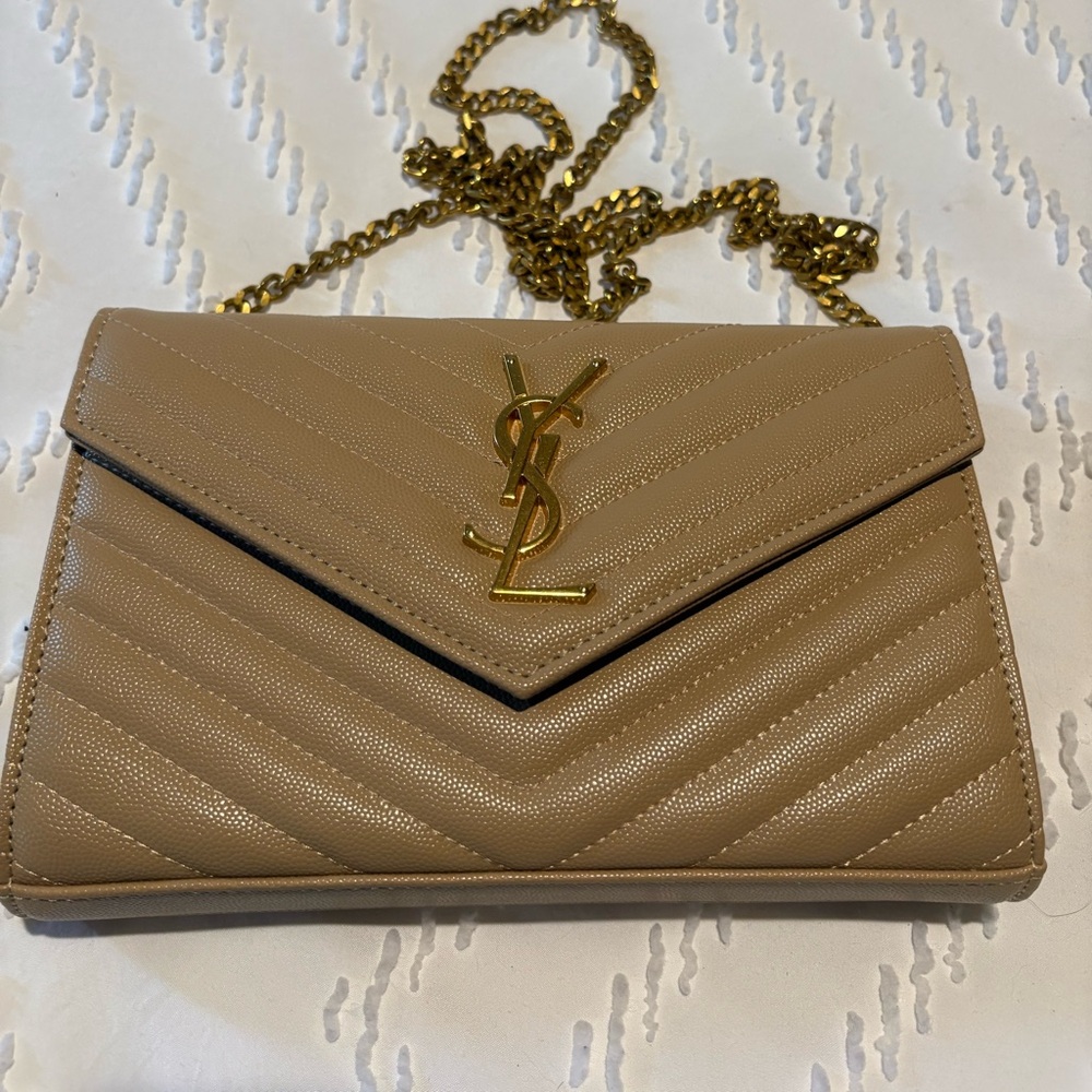 Copy of Yves Saint Laurent Tan Gold Chevron Quilted Wristlet